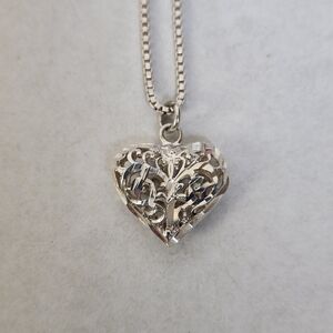 Sterling Silver 925 Italy Puffed Filigree Heart Pendant Necklace Chain 18.25"